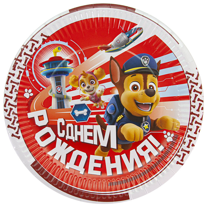 Тарелки (9''/23 см) Щенячий Патруль, С Днем Рождения!, Красный, 6 шт.
