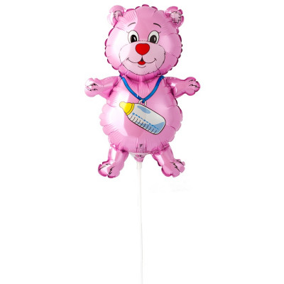 Шар на палочке Медвежонок девочка, мини-фигура из фольги, с воздухом  