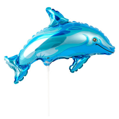 Шар на палочке Дельфин голубой, мини-фигура из фольги, с воздухом 