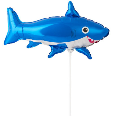 Шар на палочке Акула веселая голубая, мини-фигура из фольги, с воздухом 