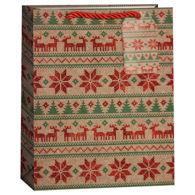 Пакет подарочный, Новогодний орнамент с оленями, Крафт, с блестками, 23*18*10 см, 1 шт.