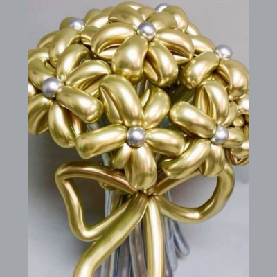 Букет цветов из шариков, Золото, 9 штук с бантиком