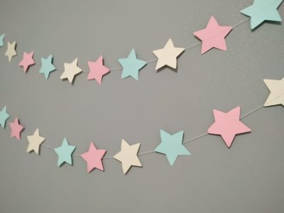 Гирлянда бумажная звезды, бирюзовый-розовый-молочный, 265 см