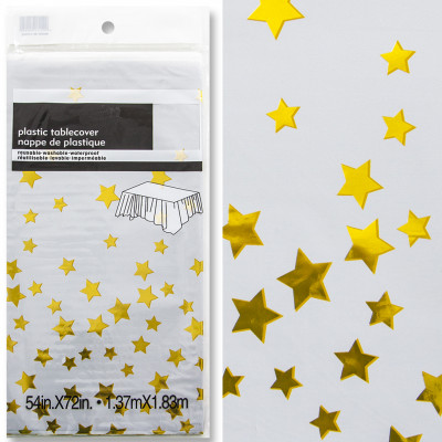 Скатерть одноразовая белая с золотыми звездами, 137*183 см, 1 шт