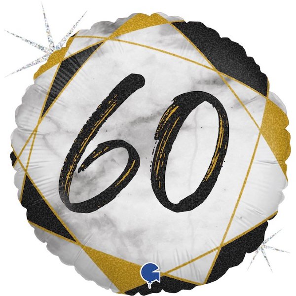 Цифра 60, воздушный шар с гелием из фольги, круг черный мрамор 45 см    