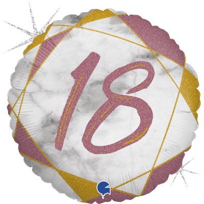 Цифра 18,  воздушный шар с гелием из фольги, круг розовый мрамор 45 см   