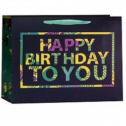 Пакет подарочный С днем рождения,  26*31*12, черный\зеленый, разноцветные буквы,