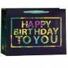 Пакет подарочный С днем рождения,  26*31*12, черный\зеленый, разноцветные буквы,