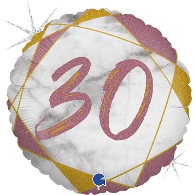Цифра 30,  воздушный шар с гелием из фольги, круг розовый мрамор 45 см  