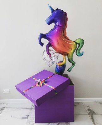 Большая коробка-сюрприз с шарами Фиолетовая с Единорогом, 60х60х60 см
