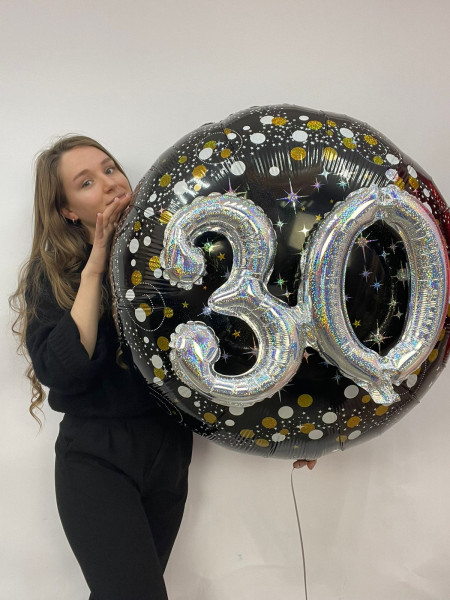 Фольгированный шар с цифрами Happy birthday 30, круг 80 см, с гелием