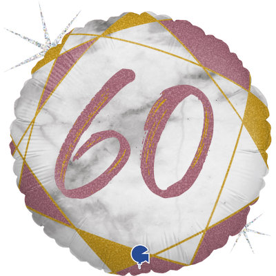 Цифра 60,  воздушный шар с гелием из фольги, круг розовый мрамор 45 см    