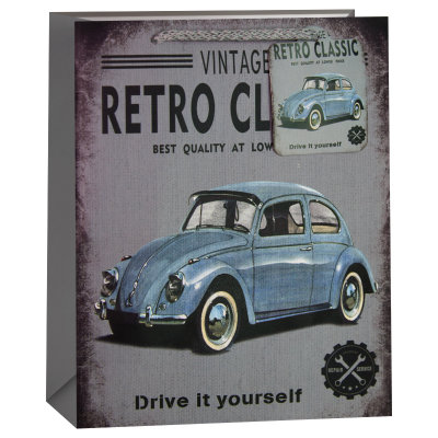 Пакет подарочный Ретро автомобиль голубой, 42*31*12, фон серый