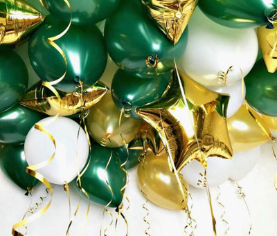 Воздушные шары, сочетание (золотой, белый, зеленый), латекс и фольга, 30 см и 45 см