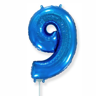 Фольгированный шар цифра 9 синий, на палочке, с воздухом, 41 см, НЕ ЛЕТАЕТ