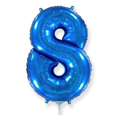 Фольгированный шар цифра 8 синий, на палочке, с воздухом, 41 см, НЕ ЛЕТАЕТ 