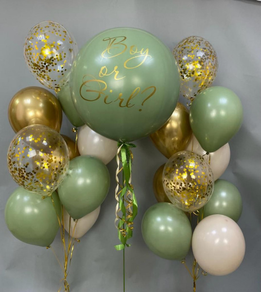 Композиция из шаров для гендер пати Boy or Girl, в цвете эвкалипт и золотой