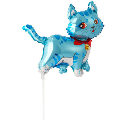 Шар на палочке Кошечка с бантом голубая, мини-фигура из фольги, с воздухом    