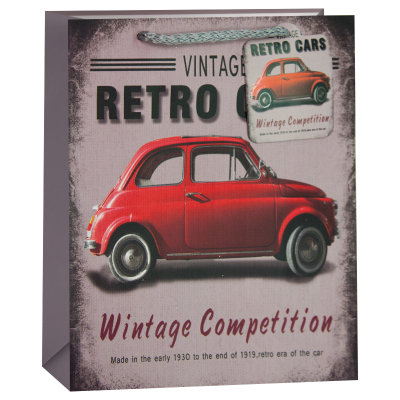 Пакет подарочный Ретро автомобиль красный, 23*18*10, фон серый 