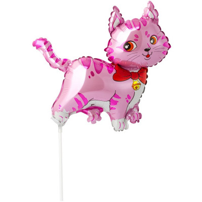Шар на палочке Кошечка с бантом розовая, мини-фигура из фольги, с воздухом    