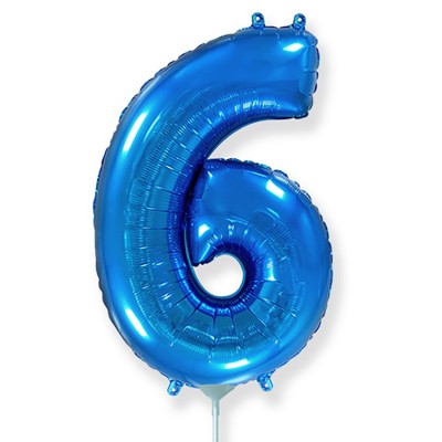 Фольгированный шар цифра 6 синий, на палочке, с воздухом, 41 см, НЕ ЛЕТАЕТ   