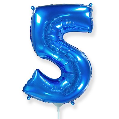 Фольгированный шар цифра 5 синий, на палочке, с воздухом, 41 см, НЕ ЛЕТАЕТ   
