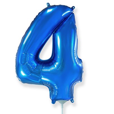 Фольгированный шар цифра 4 синий, на палочке, с воздухом, 41 см, НЕ ЛЕТАЕТ  