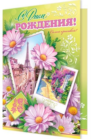 Открытка С днем рождения Ромашки и Париж  (большая 37х28 см)        