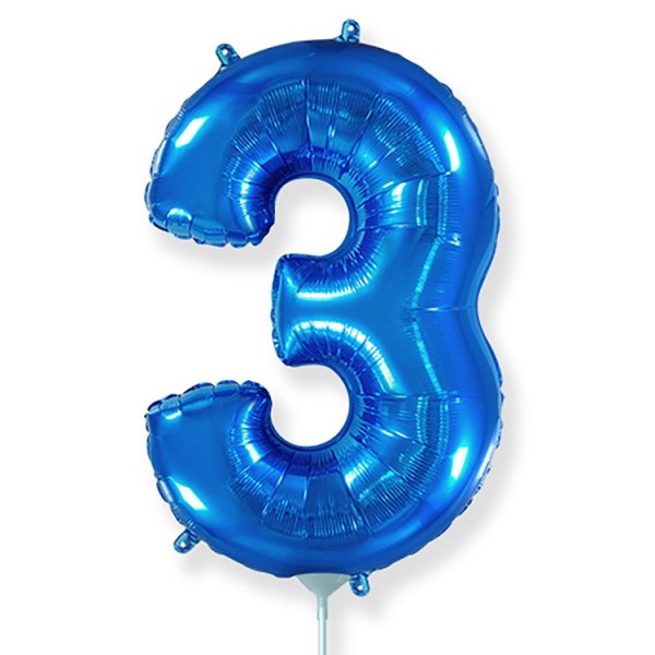 Фольгированный шар цифра 3 синий, на палочке, с воздухом, 41 см, НЕ ЛЕТАЕТ  