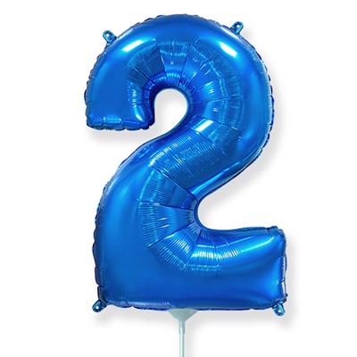 Фольгированный шар цифра 2 синий, на палочке, с воздухом, 41 см, НЕ ЛЕТАЕТ   