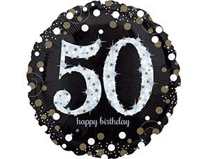 Happy birthday 50 лет, фольгированный шар с гелием, круг 45 см, черный с серебром