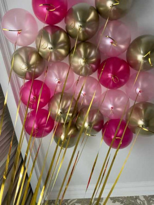 Воздушные шары под потолок - микс фуксия, нежно-розовый, золотой хром