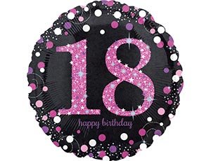 Happy birthday 18 лет, фольгированный шар с гелием, круг 45 см, черный с розовым 