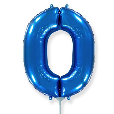 Фольгированный шар цифра 0 синий, на палочке, с воздухом, 41 см, НЕ ЛЕТАЕТ   