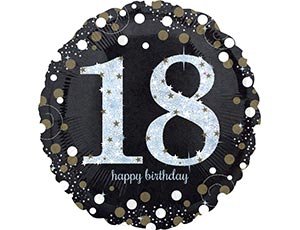 Happy birthday 18 лет, фольгированный шар с гелием, круг 45 см, черный с серебряным и белым
