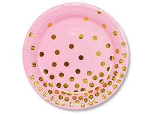 Горошек золотой на розовом, 17 см, тарелки бумажные одноразовые, 6 шт