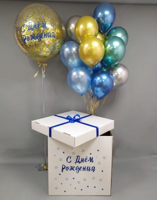 Большая коробка-сюрприз с шарами Хром с Гигантом, 70х70х70 см