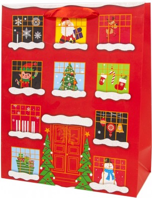 Пакет подарочный, Новогодние окна, Красный, с блестками, 44*31*12 см