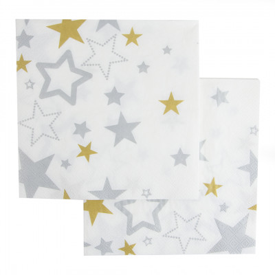 Салфетки Золотые и серебряные звезды на белом фоне, бумажные, 33 см, 20шт 