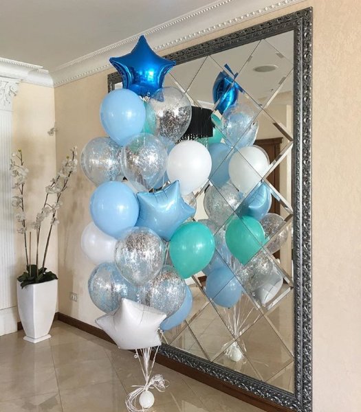 7 прозрачных шаров с конфетти, 3 фольгированных звёзд (белая, голубая, синя...