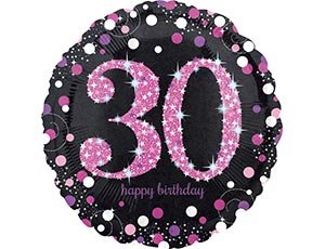 Happy birthday 30 лет, фольгированный шар с гелием, круг 45 см, черный с розовым 