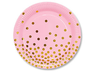 Горошек золотой на розовом, 23 см,  тарелки бумажные одноразовые, 6 шт 