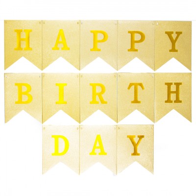 Гирлянда Флажки, Happy Birthday (золотые буквы), Золото, Металлик, с блестками, 16*160 см, 1 шт.