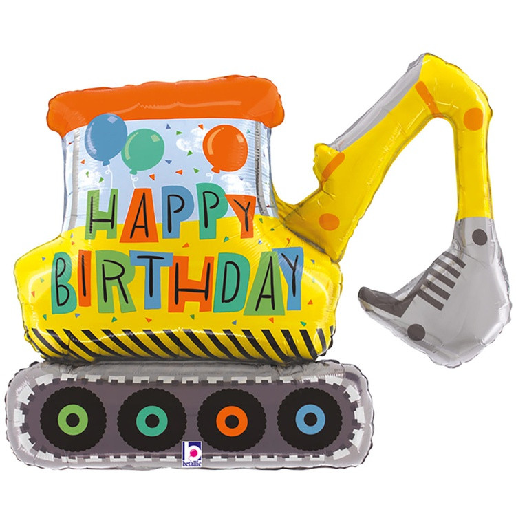 Экскаватор с надписью Happy Birthday, фольгированный шар с гелием, желтый, фигура