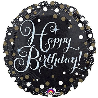Happy birthday  фольгированный шар с гелием, черный с золотым и серебряным узором, круг 45 см