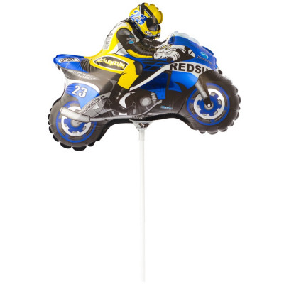 Шар на палочке Мотоциклист синий, мини-фигура из фольги, с воздухом   