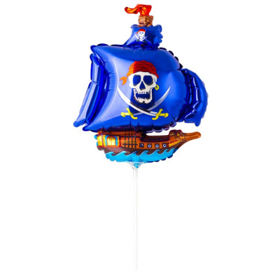 Шар на палочке Пиратский корабль синий, мини-фигура из фольги, с воздухом 