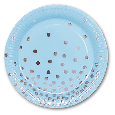Горошек серебряный на голубом, 23 см,  тарелки бумажные одноразовые, 6 шт  