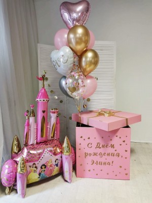 Большая розовая коробка-сюрприз с шарами Замок Принцесс, 70х70х70 см