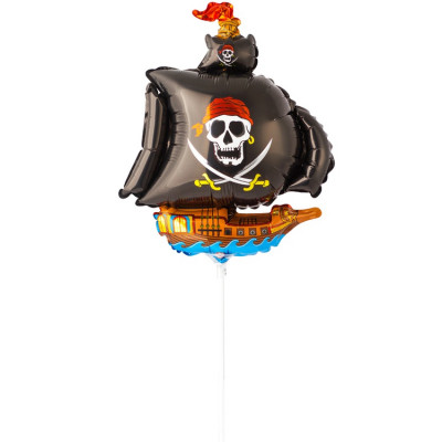 Шар на палочке Пиратский корабль черный, мини-фигура из фольги, с воздухом